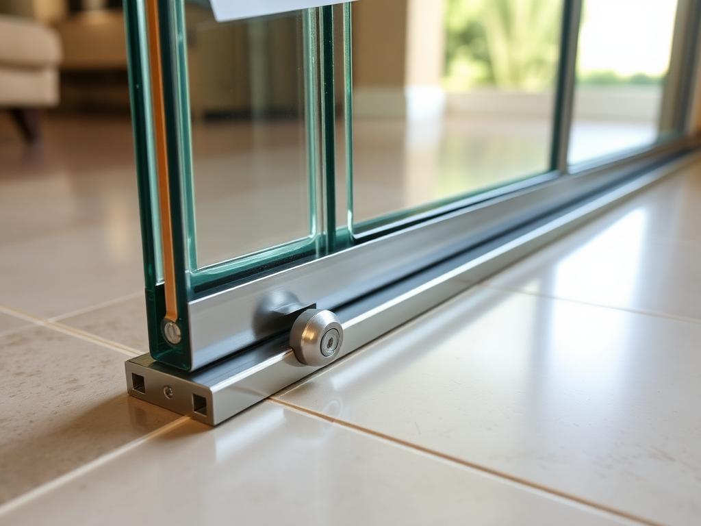 After repair: clean capped aluminum bottom track with a new roller assembly under the sliding glass panel