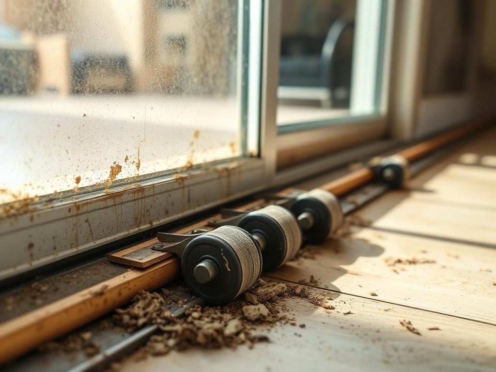 Before repair: corroded sliding glass door bottom track filled with grit and a set of worn rollers removed from the panel