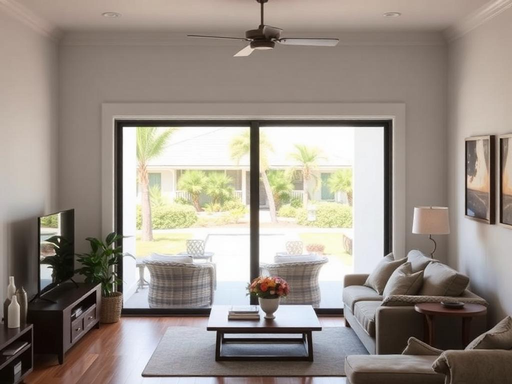 After replacement: the same living room slider with a clear new tempered glass panel and unobstructed patio view