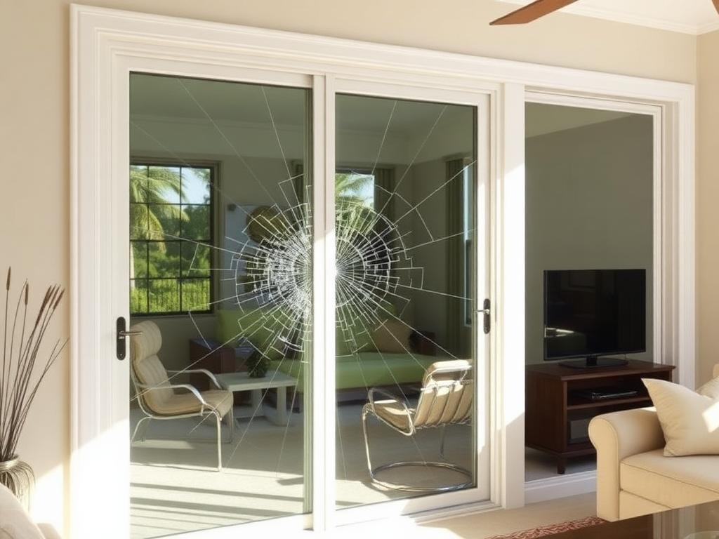 Before replacement: sliding glass patio door with a spidered crack across the tempered glass panel in a living room