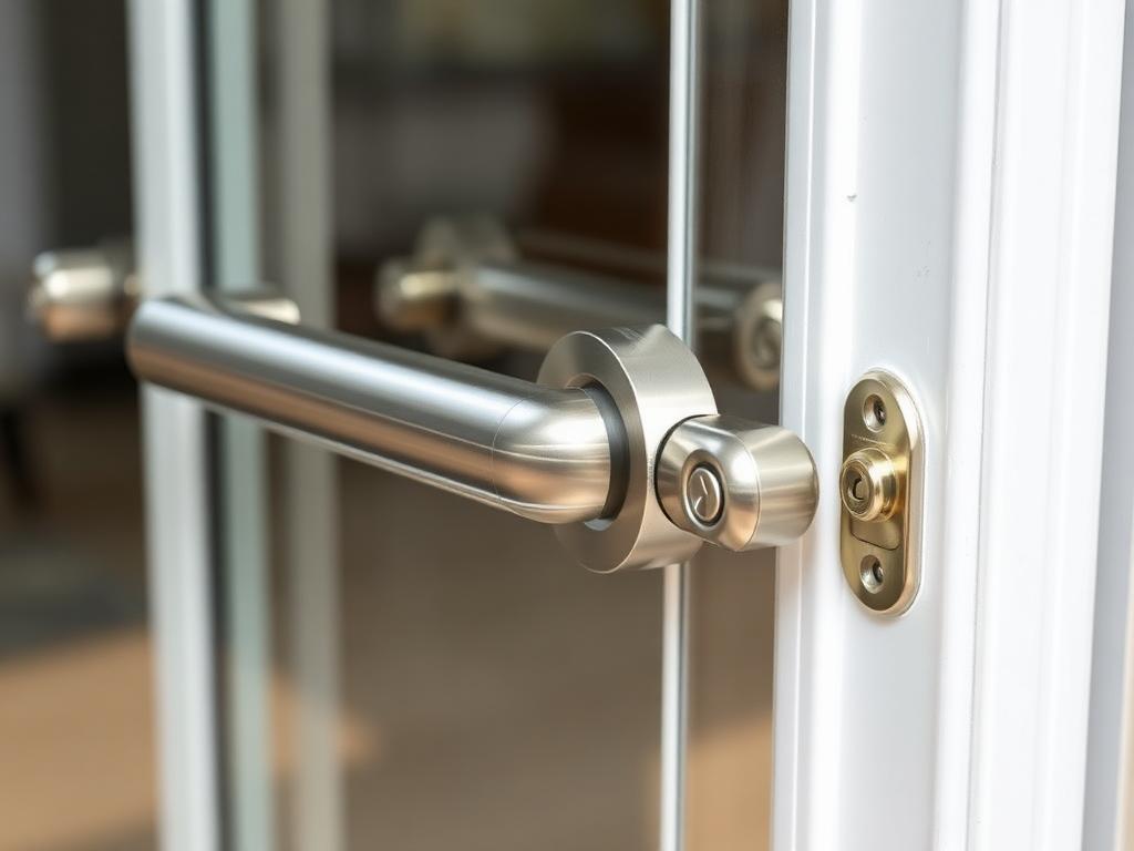 After repair: new brushed nickel sliding door handle and keyed lock installed on the white door frame
