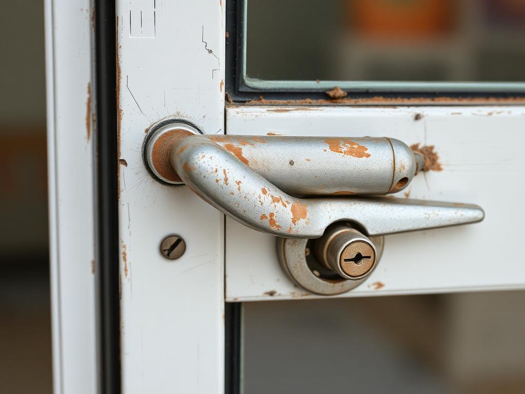 Before repair: pitted and corroded sliding door handle with a rusted mortise lock on a white door frame