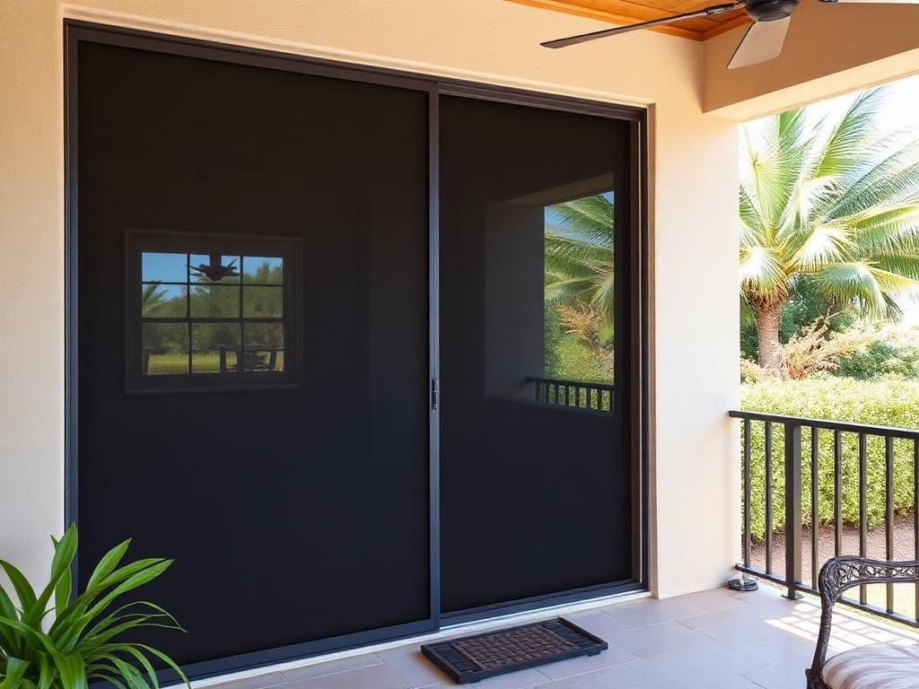 After repair: sliding screen door with taut new mesh and a straight frame running square in its track