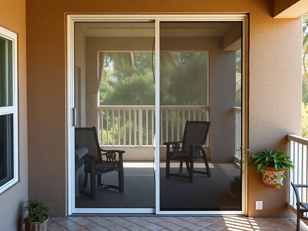 Before repair: loose sagging sliding screen door on a patio with stretched mesh and a bent frame