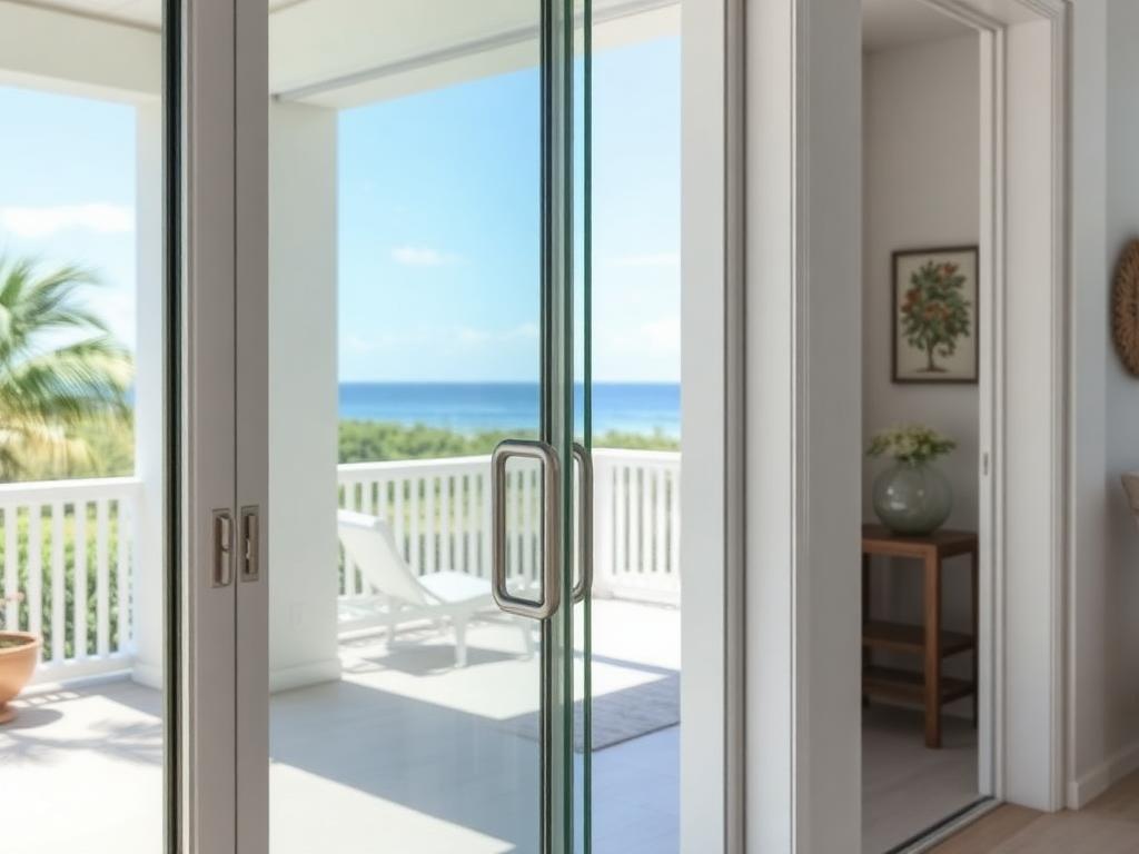 After service: crystal clear sliding glass door panel with fresh weatherstripping and a bright ocean view