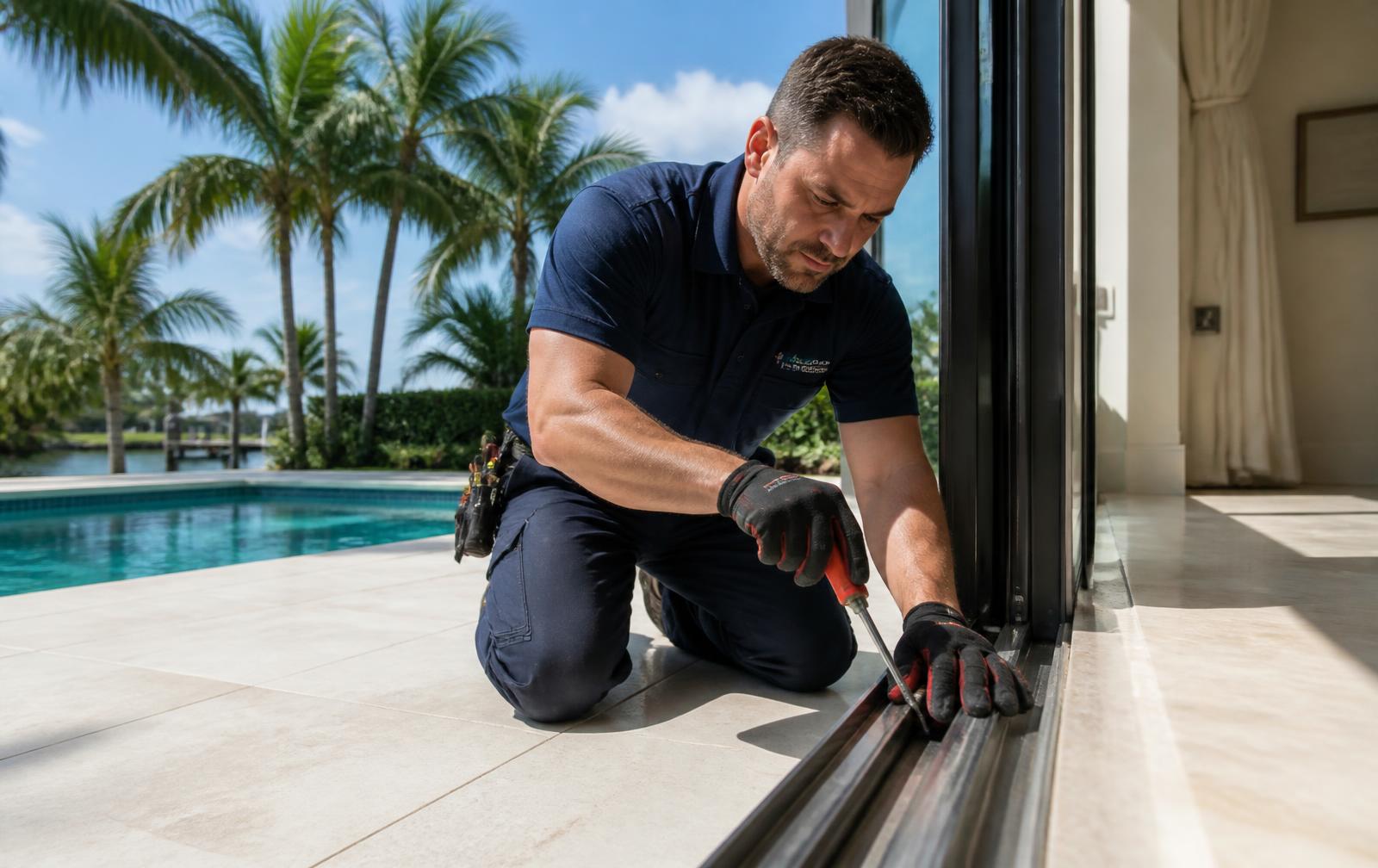 Dr. Handyman Service technician repairing a sliding glass patio door track at a Broward County home